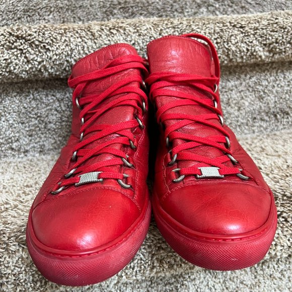Balenciaga Arena Men's Red Leather High Top Sneakers. - Picture 5 of 14